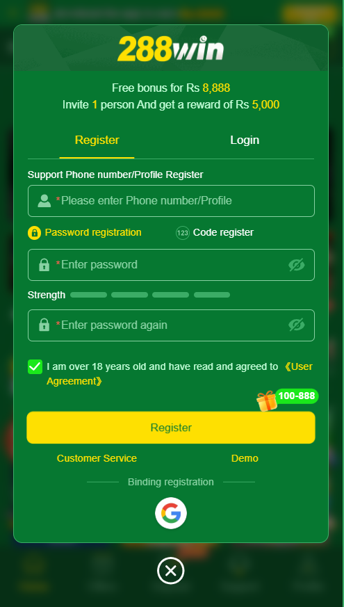 Register on 288Win Game
