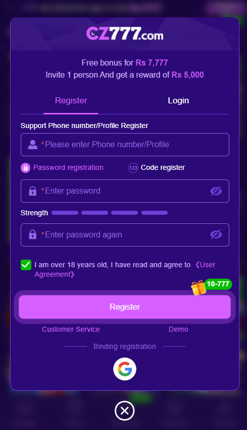 register and login in CZ777 Game APK