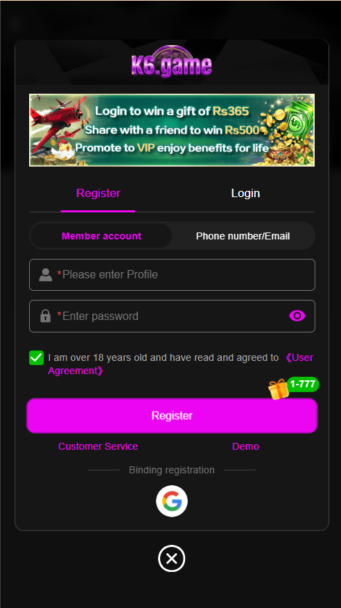 Register and Login in K6 Game