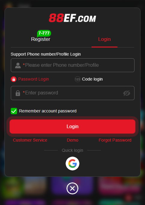 Login Process in 88EF Game