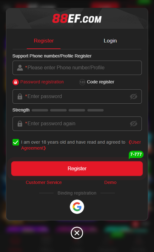Register Process in 88EF Game
