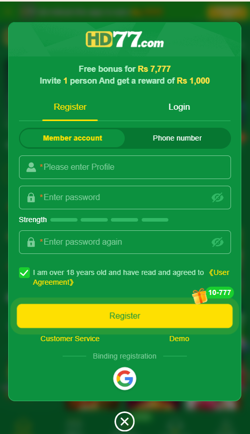Register and Login HD77 Game