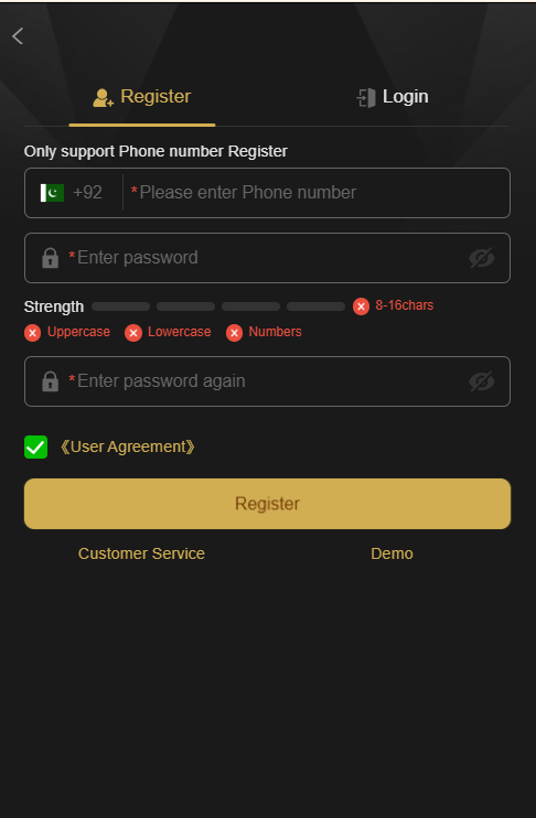 Register and login in 87P Game