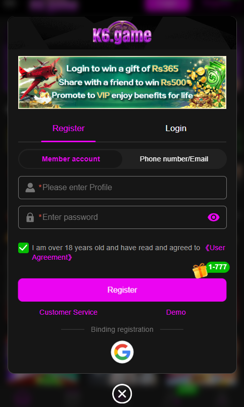 Register and Log in to the Win786 Game
