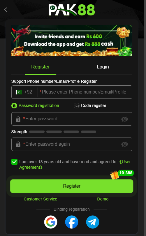 Register and Log in on PAK88 Game